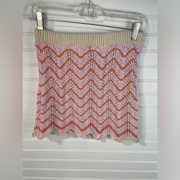 Freshman 1996 Pink & Cream Crochet Knit Chevron Pattern Mini Skirt S Women’s - Picture 1 of 9